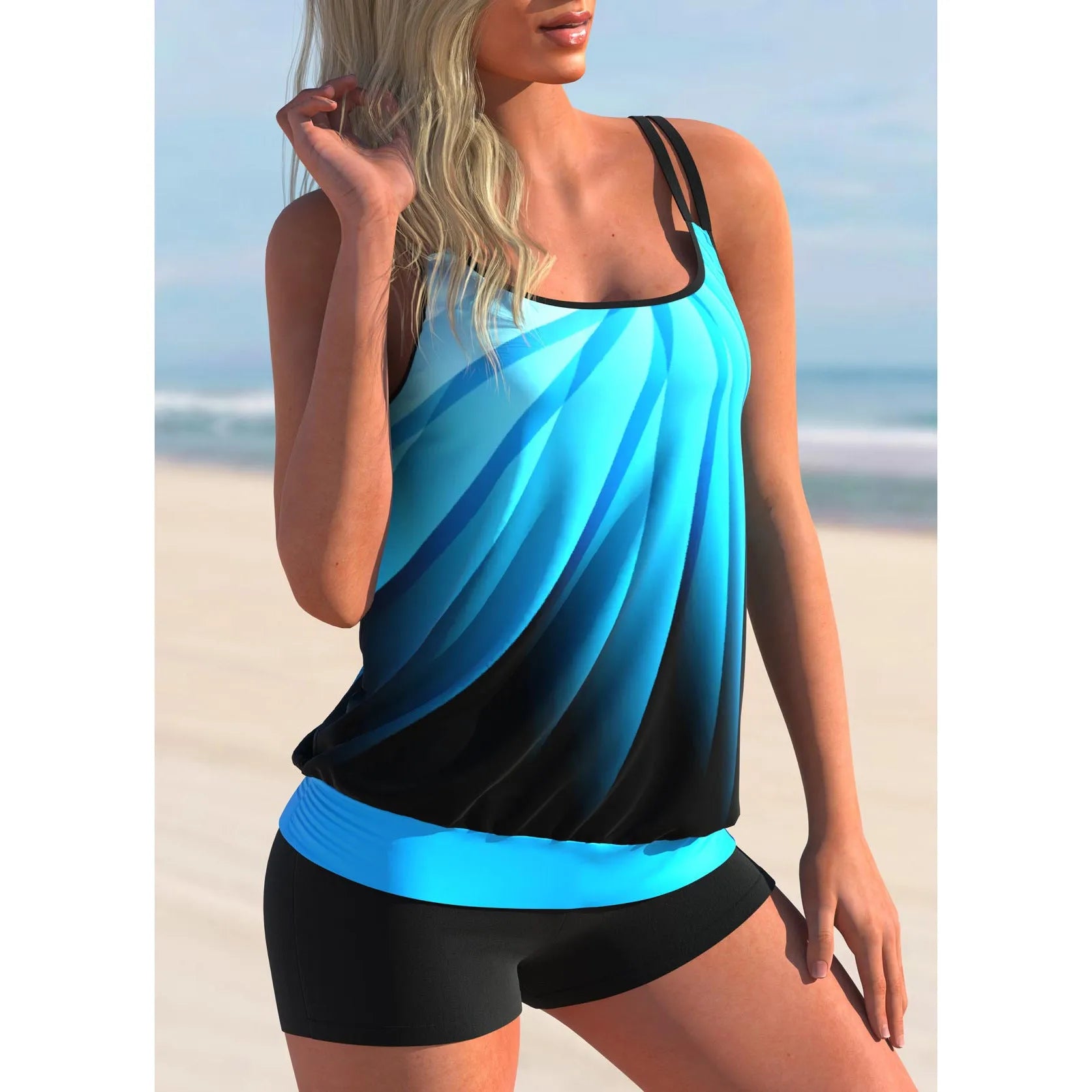 Women's plus size butterfly print swimsuit set with strapless top and matching beach shorts.