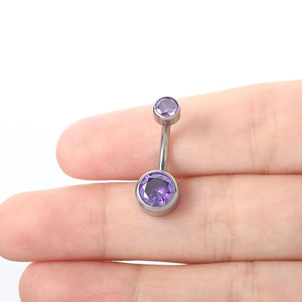 Titanium alloy double-headed navel stud with zircon accents in various colours and lengths.