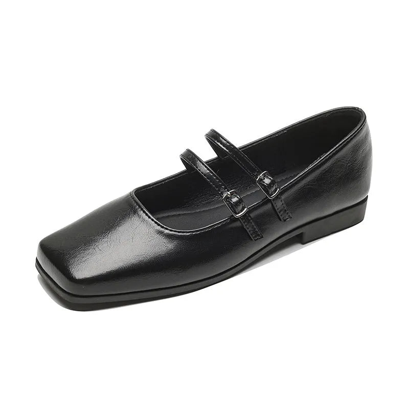 Women's silver genuine sheepskin leather Mary Jane flats with cross buckle strap, round toe, and low flat heel.