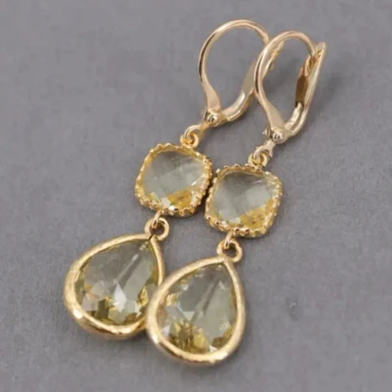 Gold geometric copper earrings with 8cm water droplet crystal fringe, European-American retro style