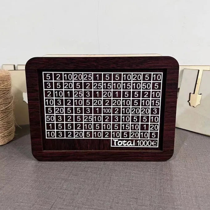 Digital coin bank with nostalgic retro wood design in modern simplicity style, showing currency library options for gifting