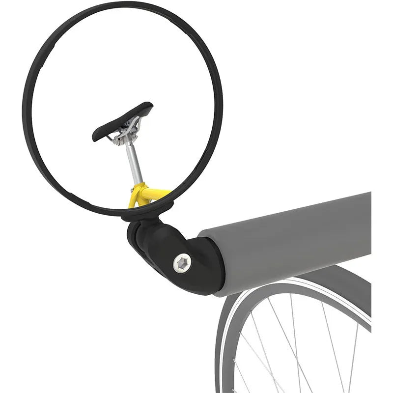 Foldable convex rearview mirror for bicycle handlebars, made of black ABS plastic.
