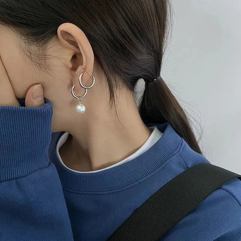 Geometric women's pearl earrings with titanium steel posts and round accents