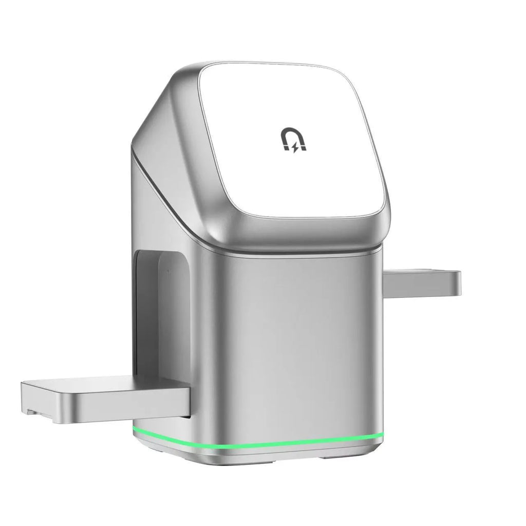 Black magnetic wireless charging stand with mobile phone attached, showing 180-degree rotation adjustment capability