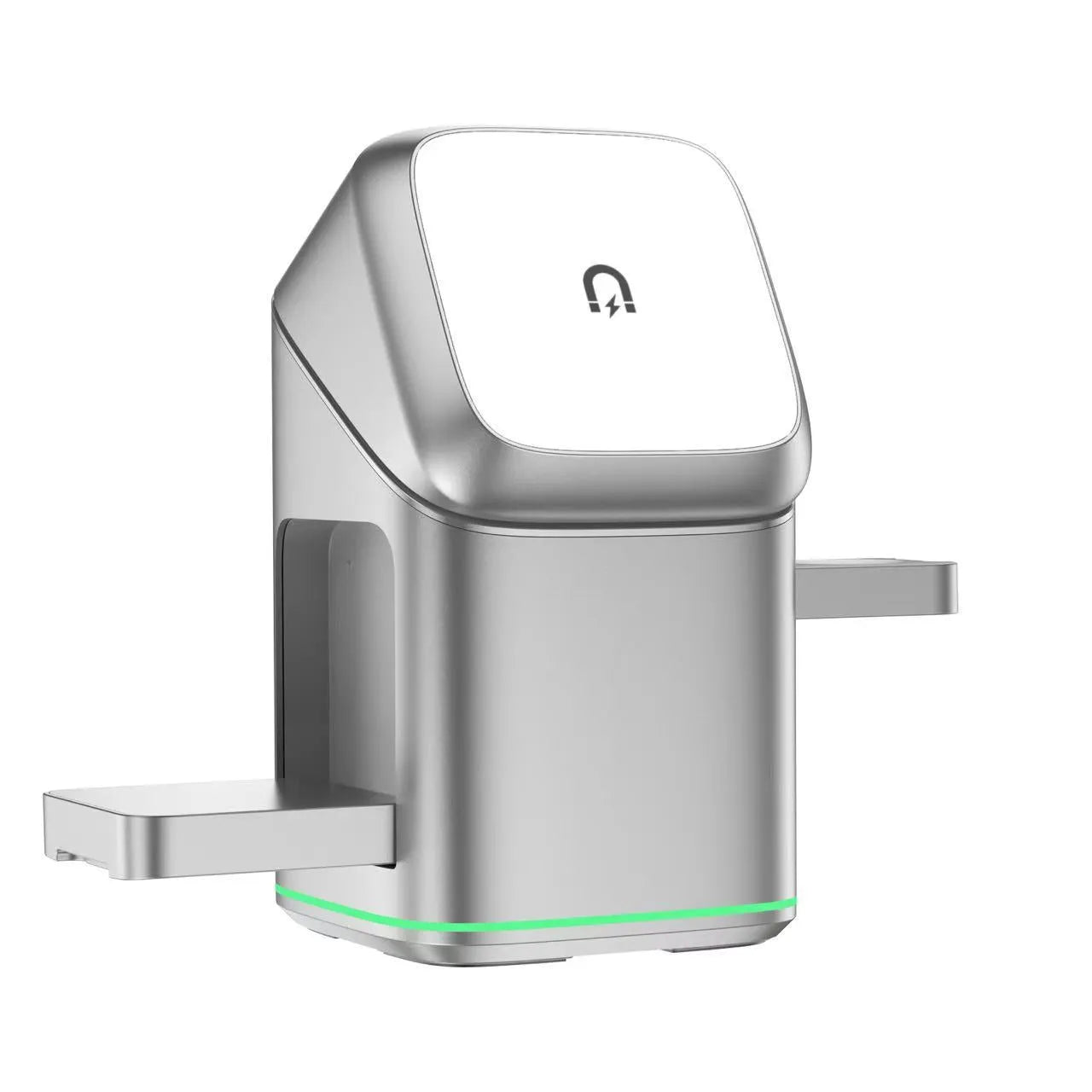 Black magnetic wireless charging stand with mobile phone attached, showing 180-degree rotation adjustment capability