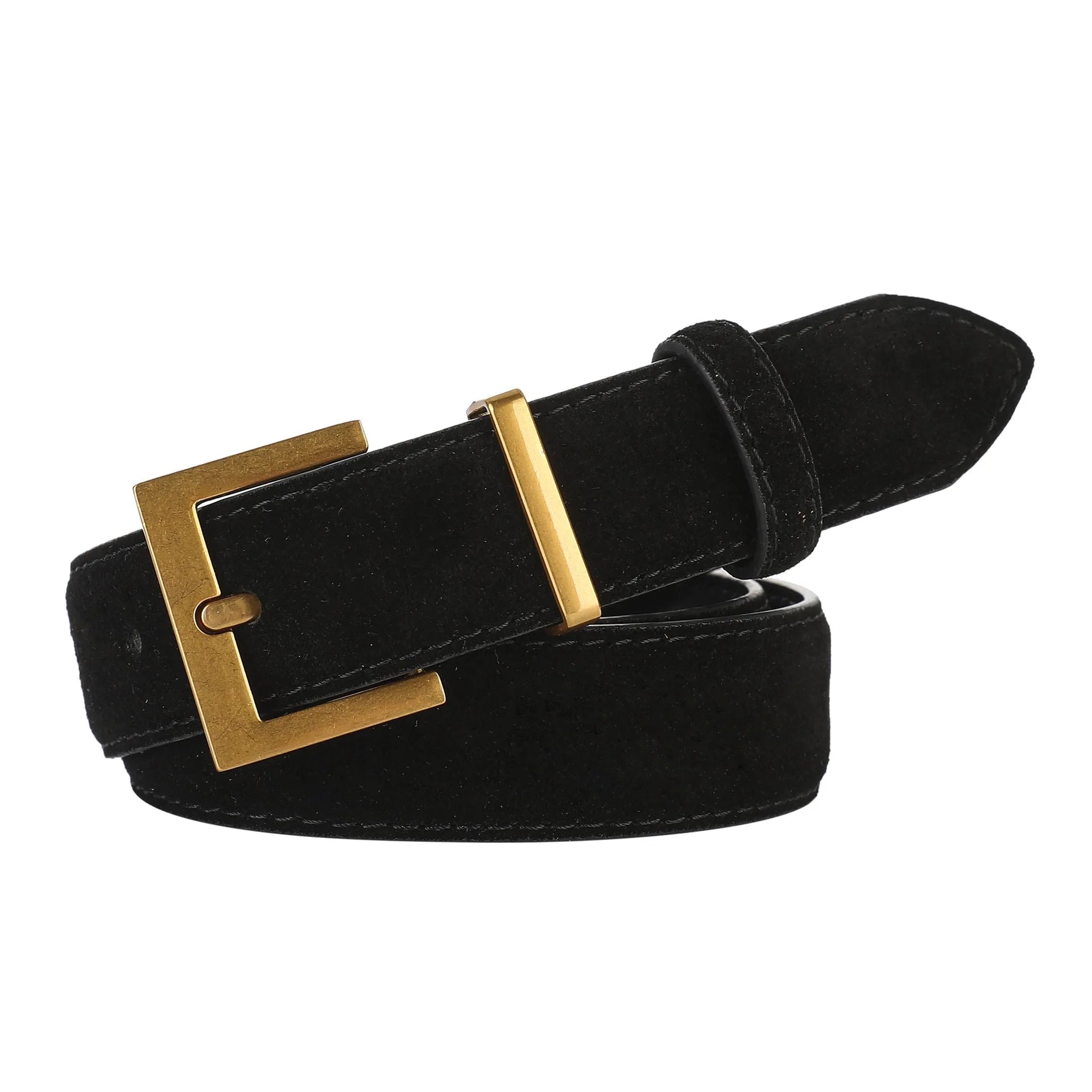 Ladies' genuine leather belt with quadrilateral alloy buckle in black, showing pin buckle fastening and punched leather texture