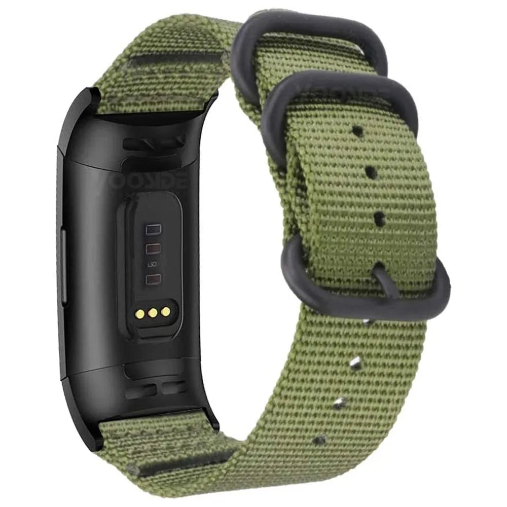 Army Green nylon three-ring buckle strap for Fitbit Charge 3 and Charge 4 fitness tracker.