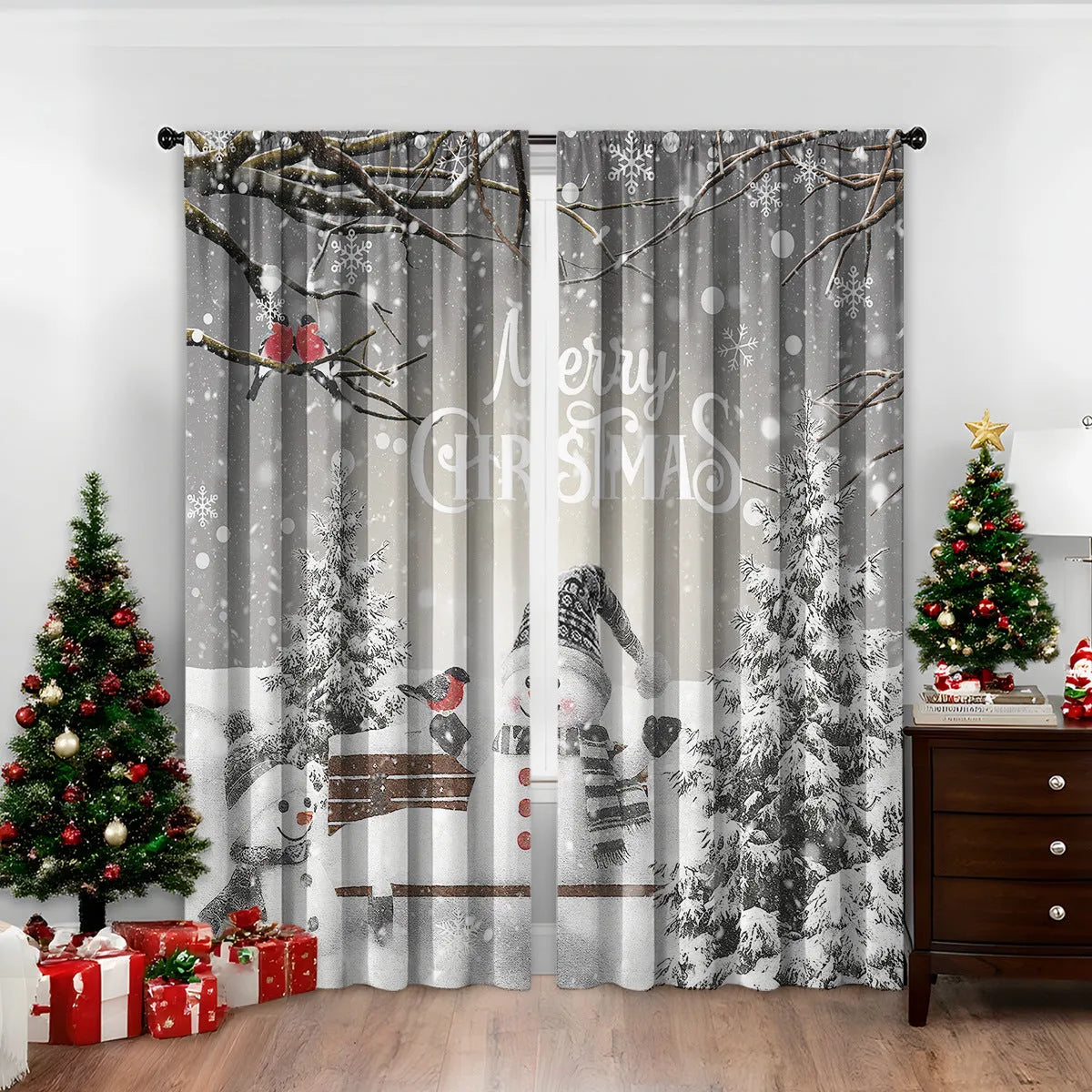 3D digital printed Christmas curtain in a European style, showing modern simplicity design and polyester fabric