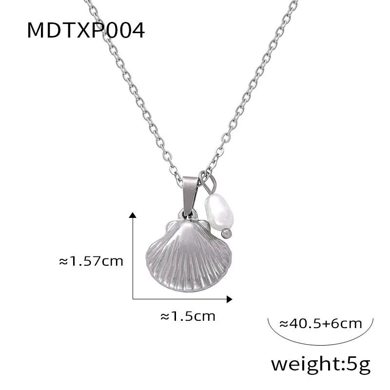 French vintage shell pendant necklace with titanium steel chain and freshwater pearl bead on gold background