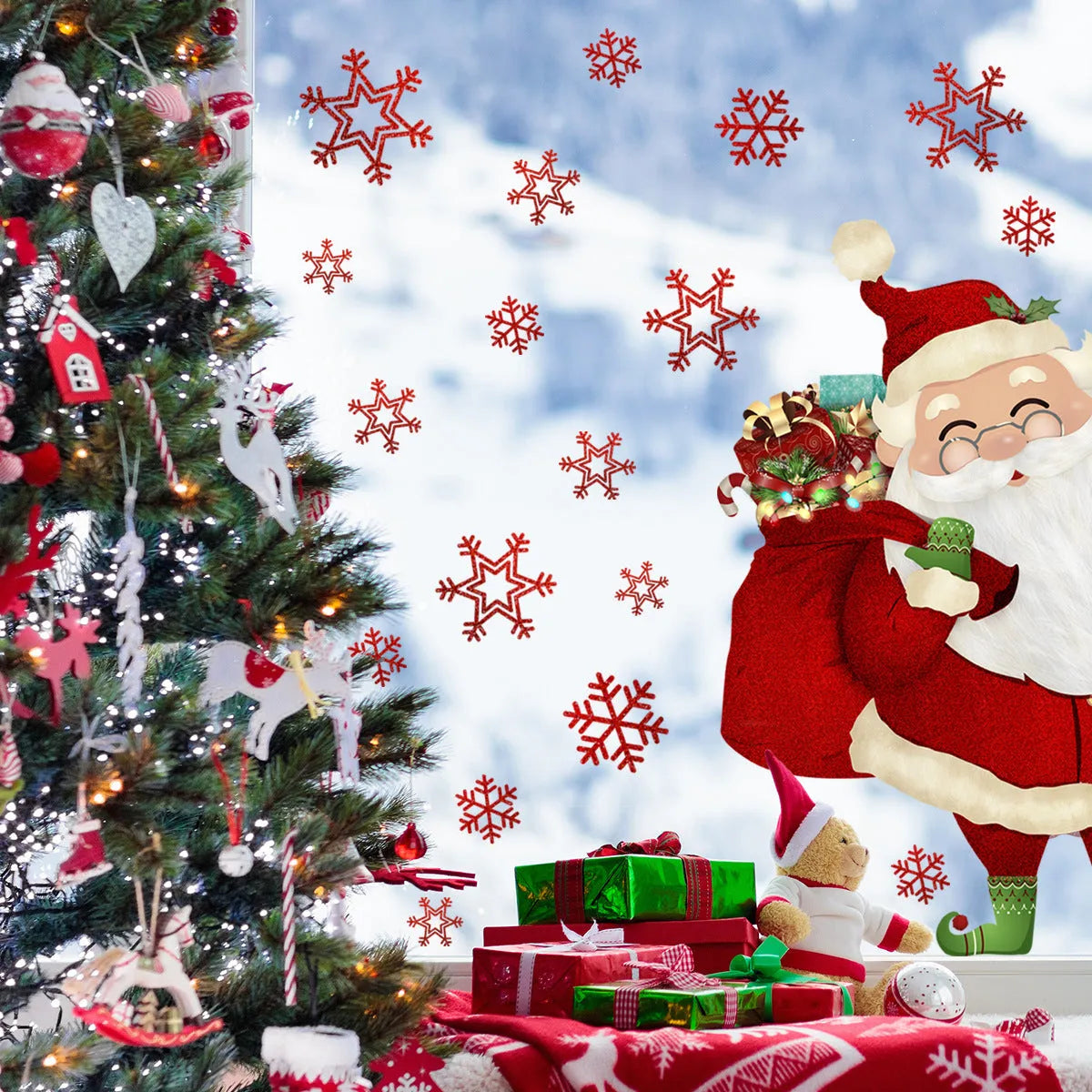 Snowflake Santa Claus static cling wall sticker for window decoration measuring 27x40cm