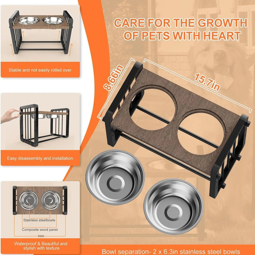 Black wooden dog bowl stand measuring 37 by 23 centimetres with elevated feeding platform
