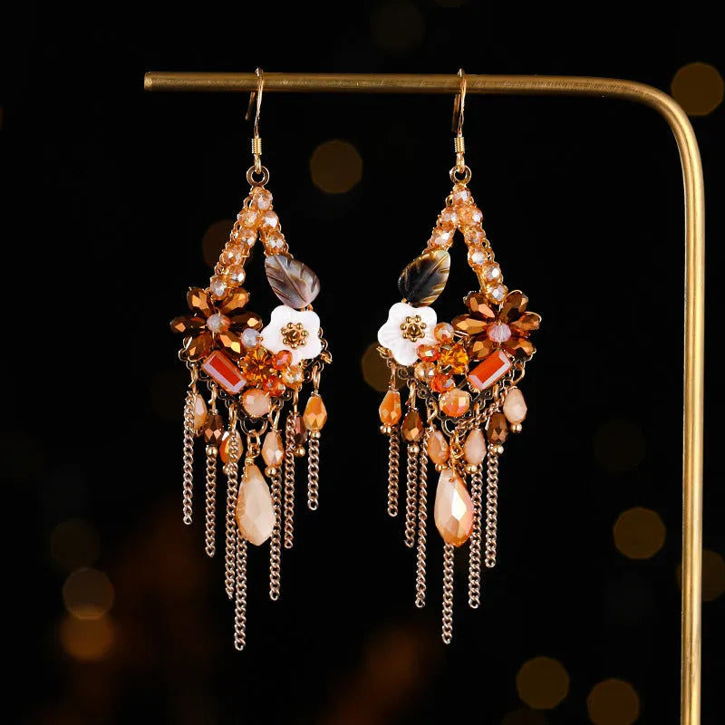 Bohemian style long exaggerated earrings with hand-woven artificial crystal in three colour options