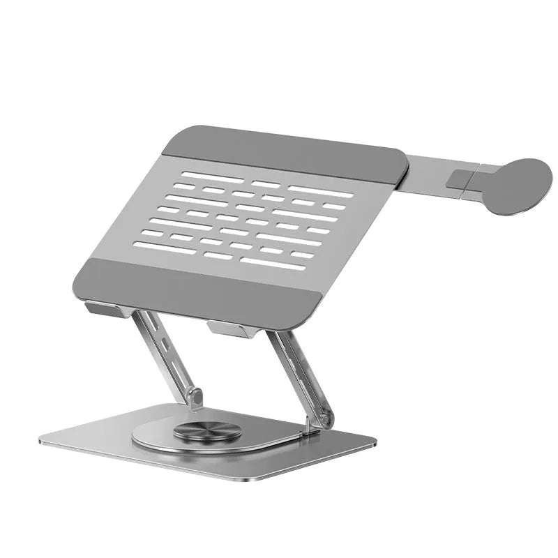 Silver carbon steel laptop stand with rotating magnetic phone holder supporting dual devices