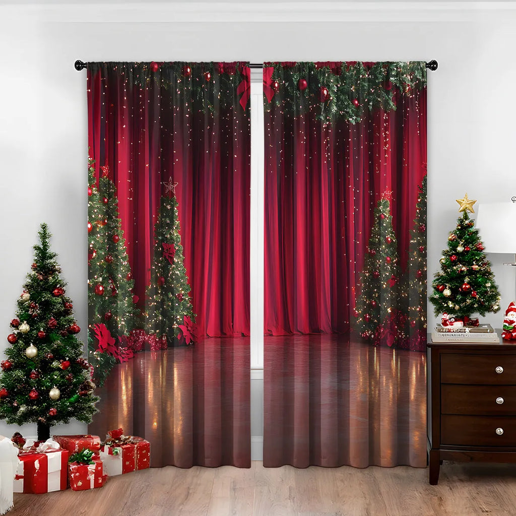 3D digitally printed Christmas curtains pair showing textured festive pattern on polyester fabric