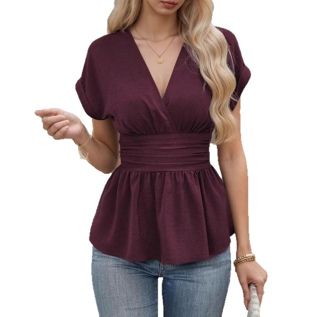 Women's solid colour polyester V-neck top with short sleeves and a pleated waist detail in slim fit.