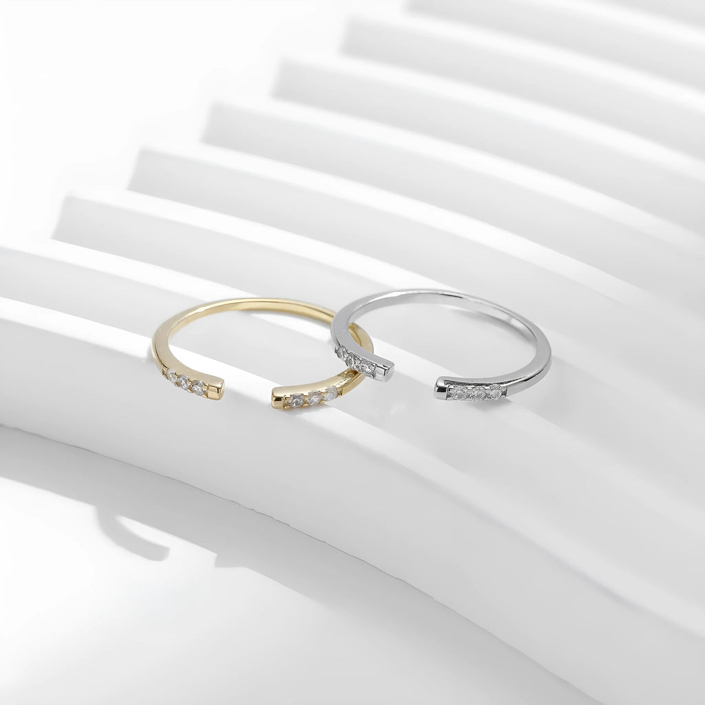 Silver adjustable open ring with diamond-set geometric design, 0.9g, shown in silver and gold colour options