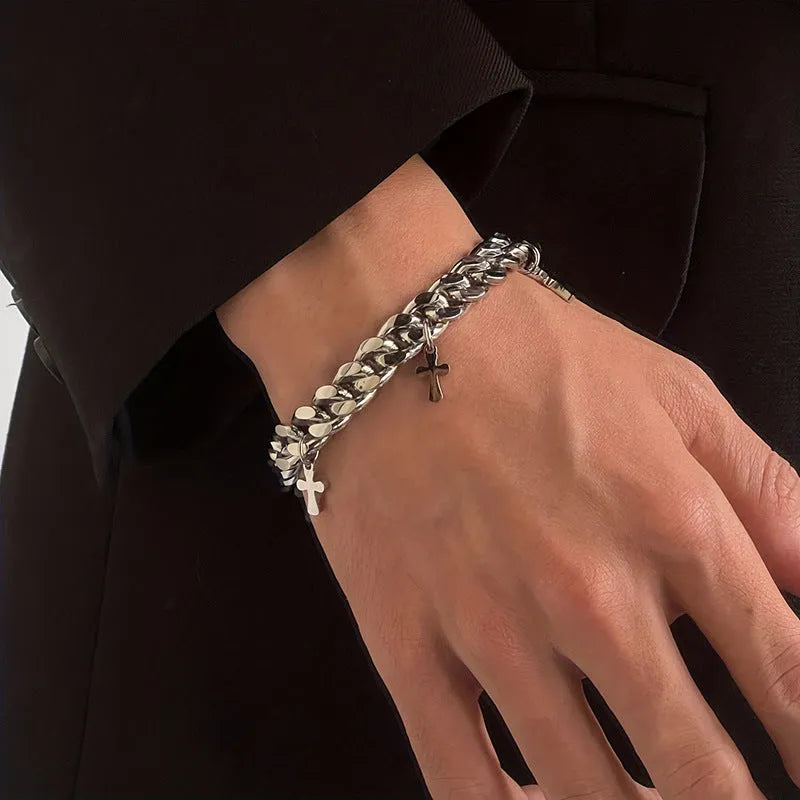 Men's geometric cross bracelet in titanium steel with adjustable sizing