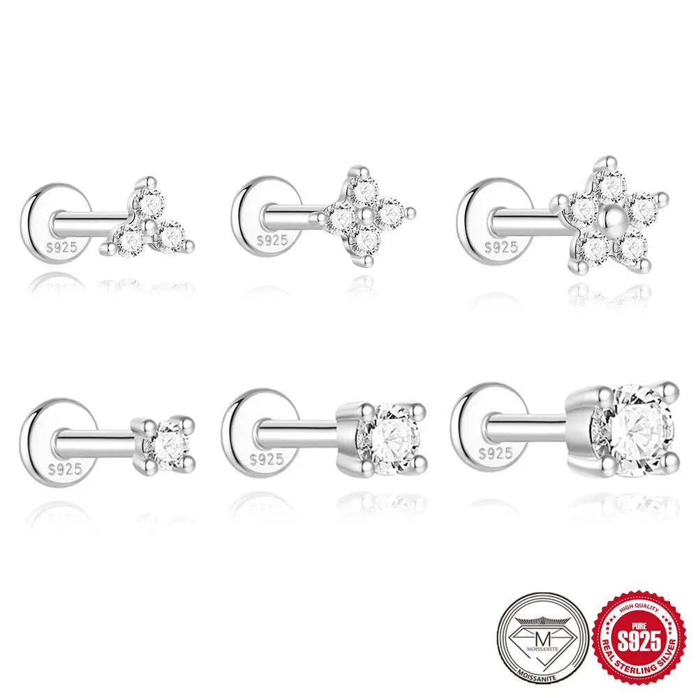 Platinum colour geometric petal stud earrings in sterling silver with ear clip back