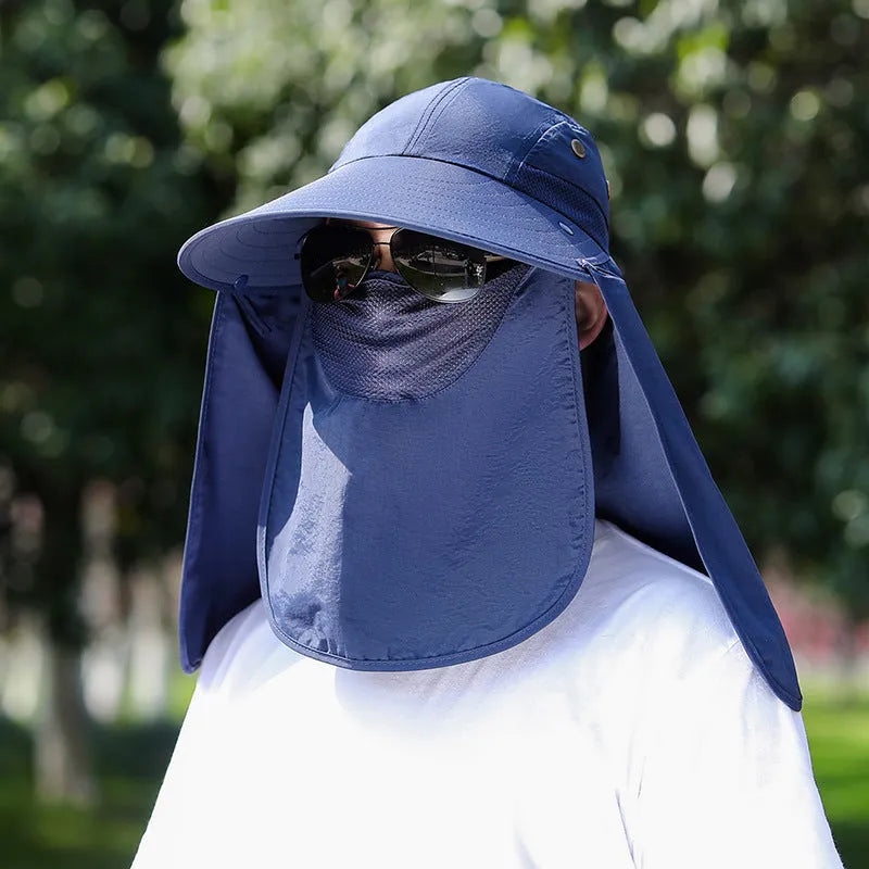 Men's khaki sun protection hat with USB fan and attached neck covering shawl for outdoor use
