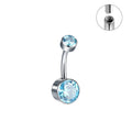 Titanium alloy double-headed navel stud with zircon accents in various colours and lengths.
