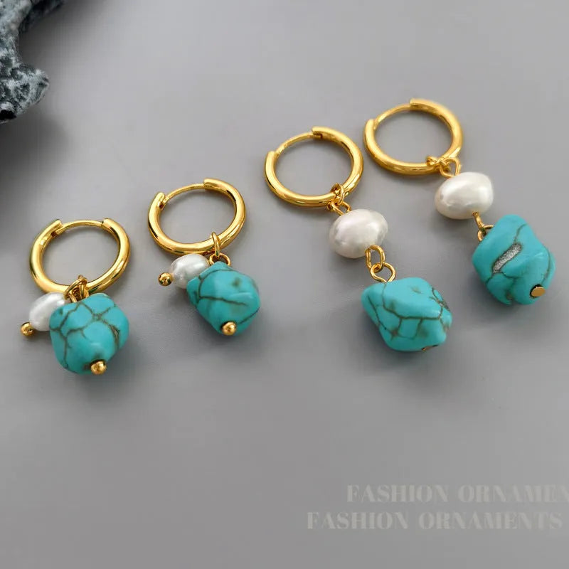 Irregular turquoise ear clips with cultured pearls on copper geometry frame, showing both short and dangle earring options