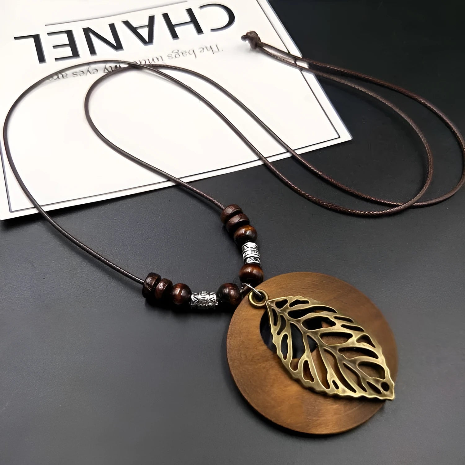 Vintage wooden leaf necklace with electroplated finish on wax line chain, ethnic national style design