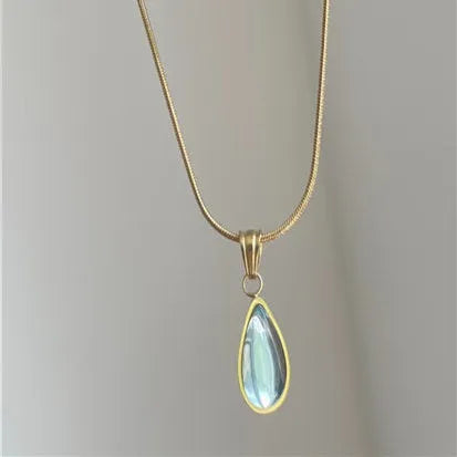 Retro water drop necklace with titanium steel snake bones chain and mixed gem inlaid pendant in blue and green colour options