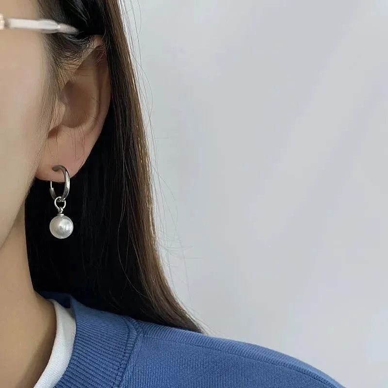 Geometric women's pearl earrings with titanium steel posts and round accents