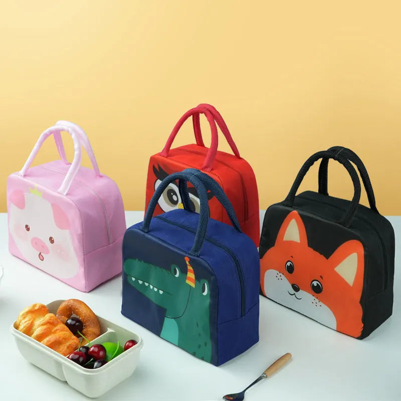 Children's insulated lunch bag with animal design showing drawstring closure and Oxford cloth material