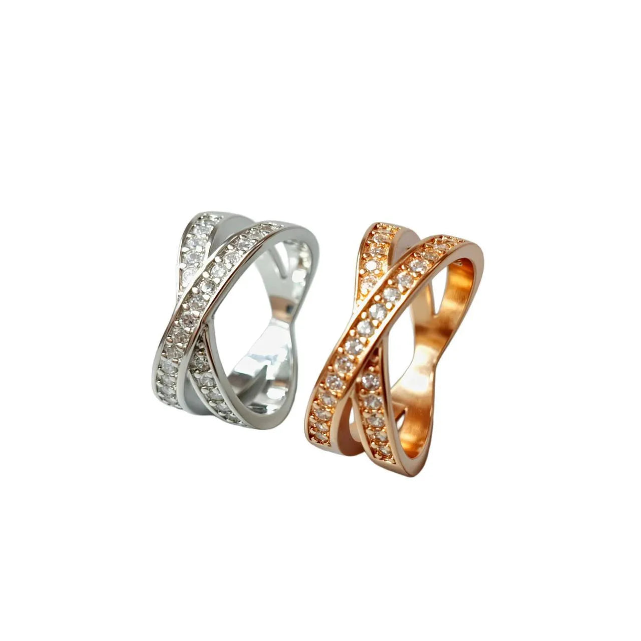 European and American metal cross ring with micro-inlaid zircon detailing in silver or rose gold electroplated finish