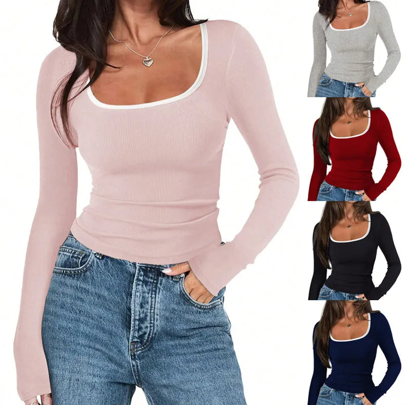 Women's square collar pullover in slim fit with 40cm length, available in light grey, wine red, pink, navy blue, and black colours
