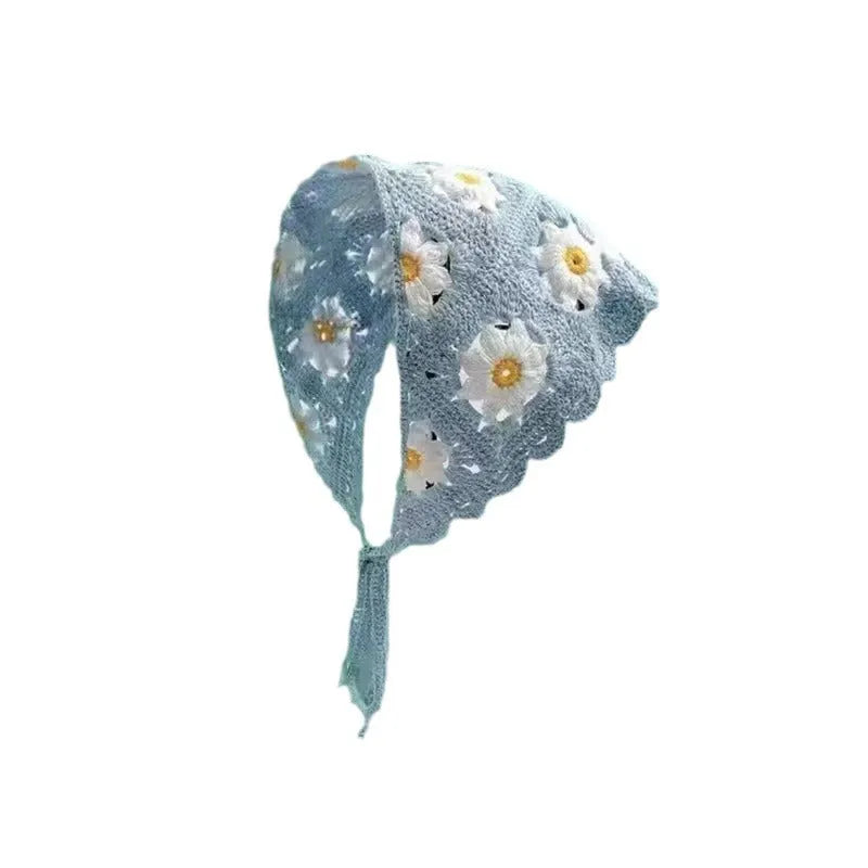 Cotton triangle shawl with floral pattern showing 110cm sides, tied as headscarf