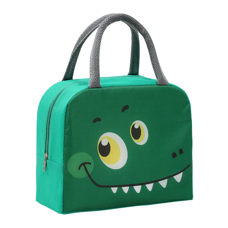 Children's insulated lunch bag with animal design showing drawstring closure and Oxford cloth material