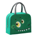 Children's insulated lunch bag with animal design showing drawstring closure and Oxford cloth material