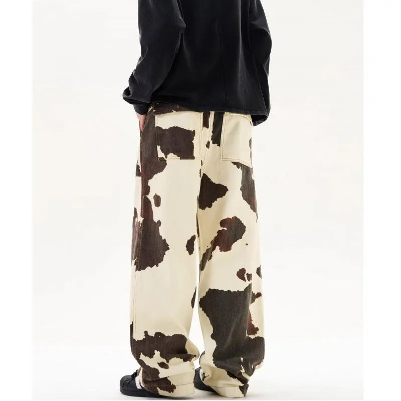 Men's straight-leg trousers with cow pattern design in American retro styling