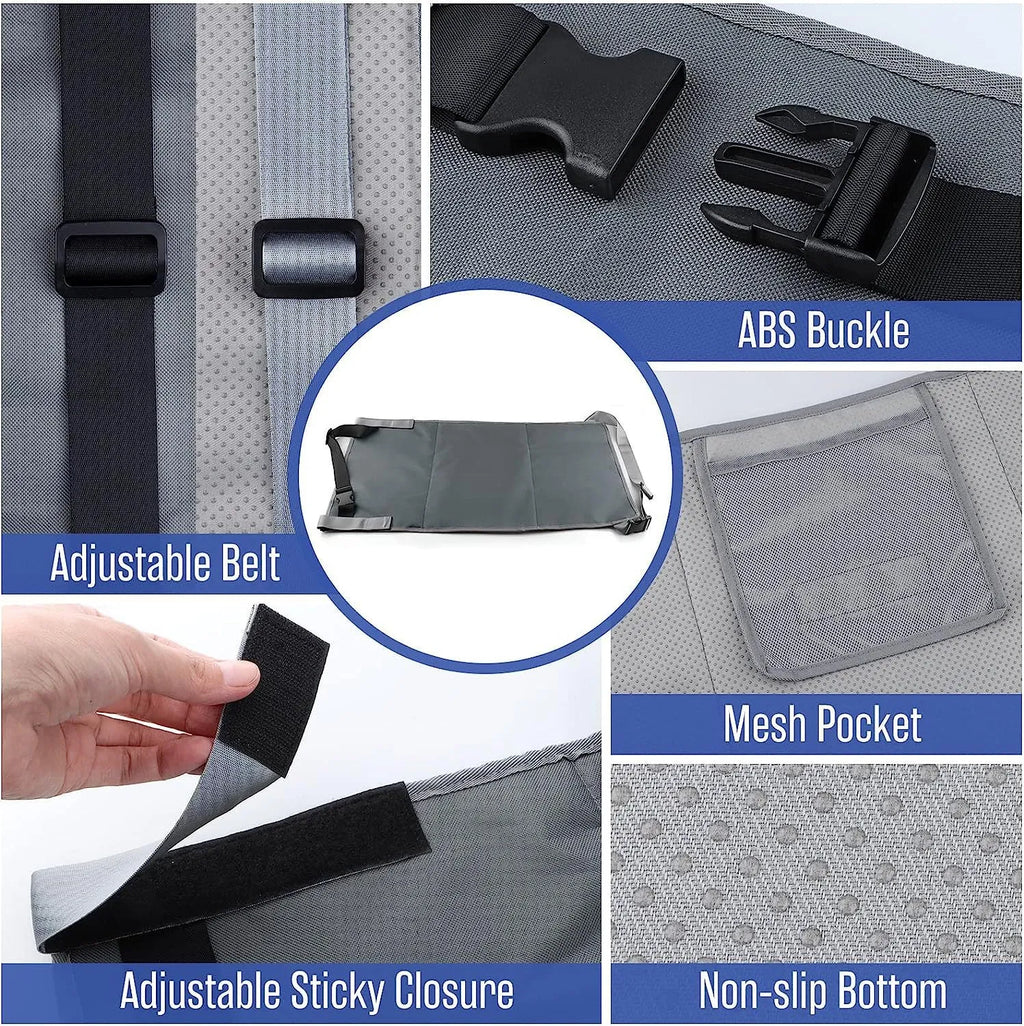 Portable children's aircraft pedal seat extender in black, blue, or grey with drawstring pocket