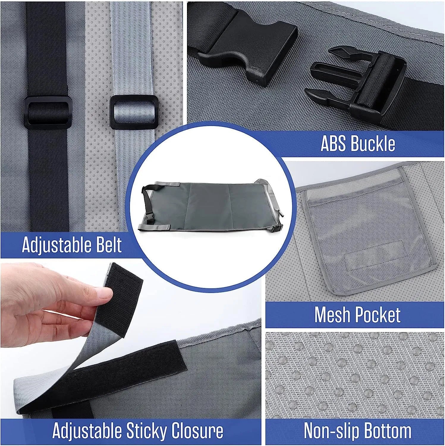 Portable children's aircraft pedal seat extender in black, blue, or grey with drawstring pocket