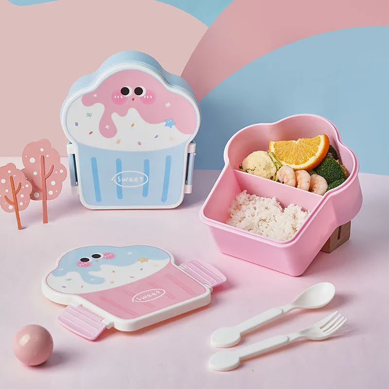 Creative ice cream shaped lunch box with spoon and fork, 501-800ml capacity, microwave safe plastic