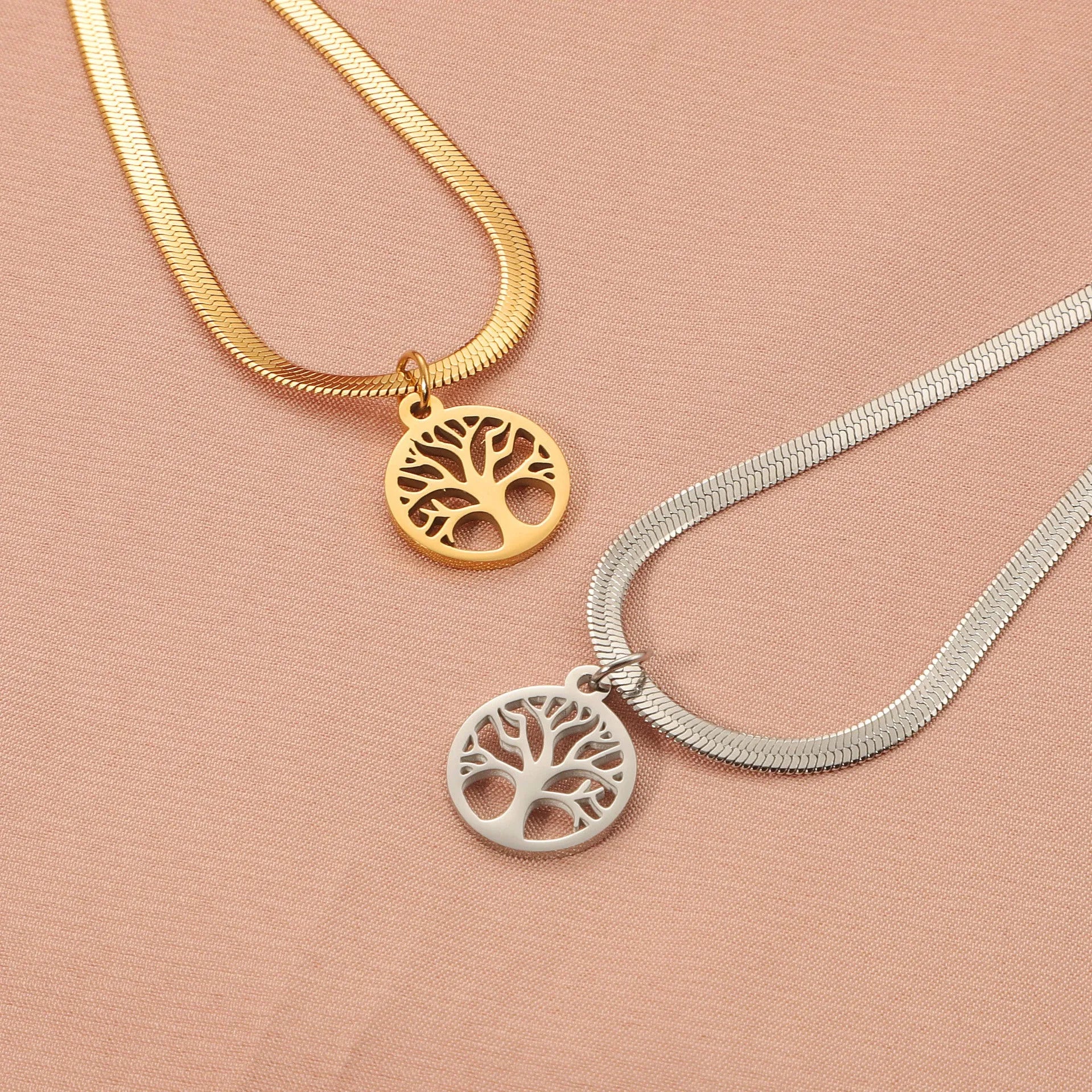 Stainless steel lucky tree necklace with adjustable snake bone chain and U-shaped titanium steel pendant