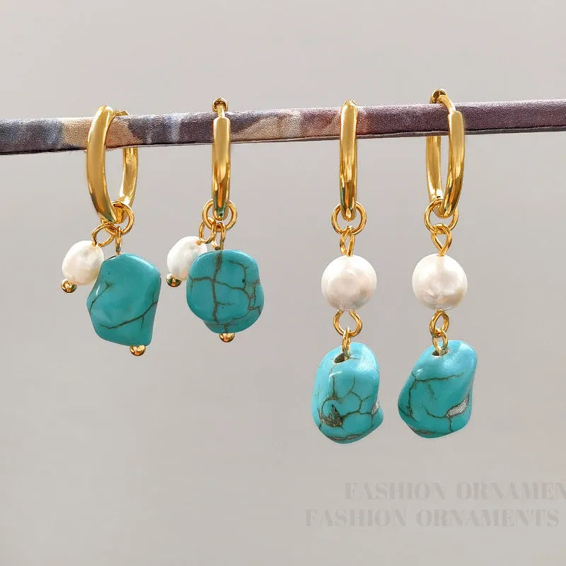 Irregular turquoise ear clips with cultured pearls on copper geometry frame, showing both short and dangle earring options