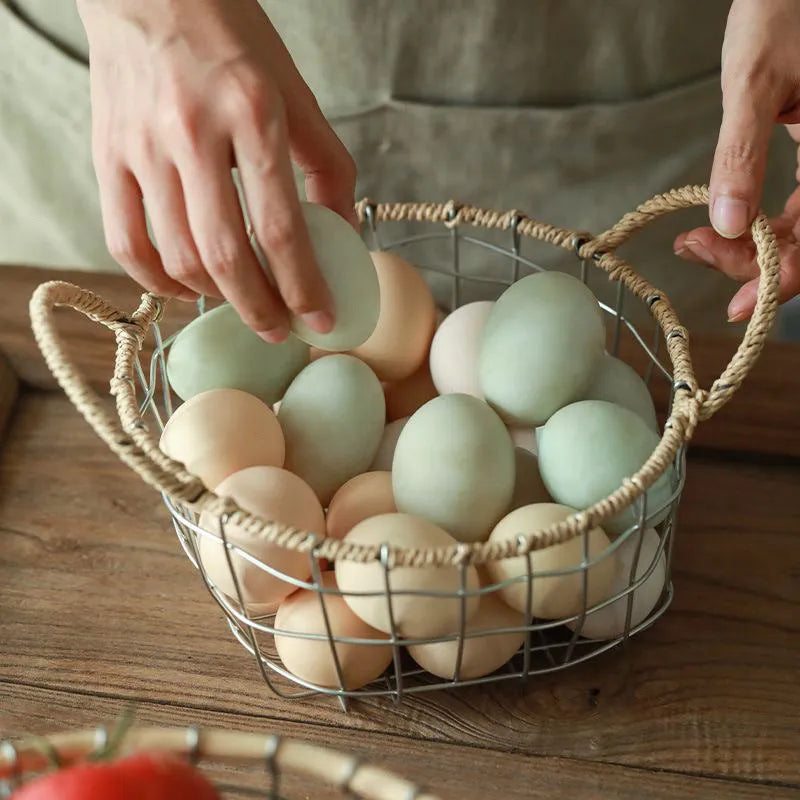 Nordic-style iron wire woven storage basket with open binaural weave design.