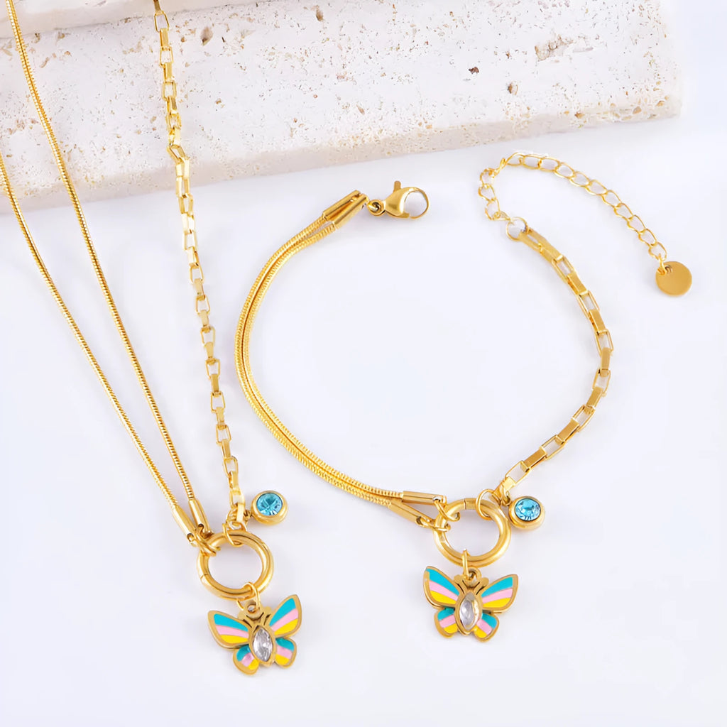 Gold titanium steel necklace and bracelet set with colourful epoxy butterfly and animal zodiac pendants.