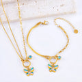 Gold titanium steel necklace and bracelet set with colourful epoxy butterfly and animal zodiac pendants.