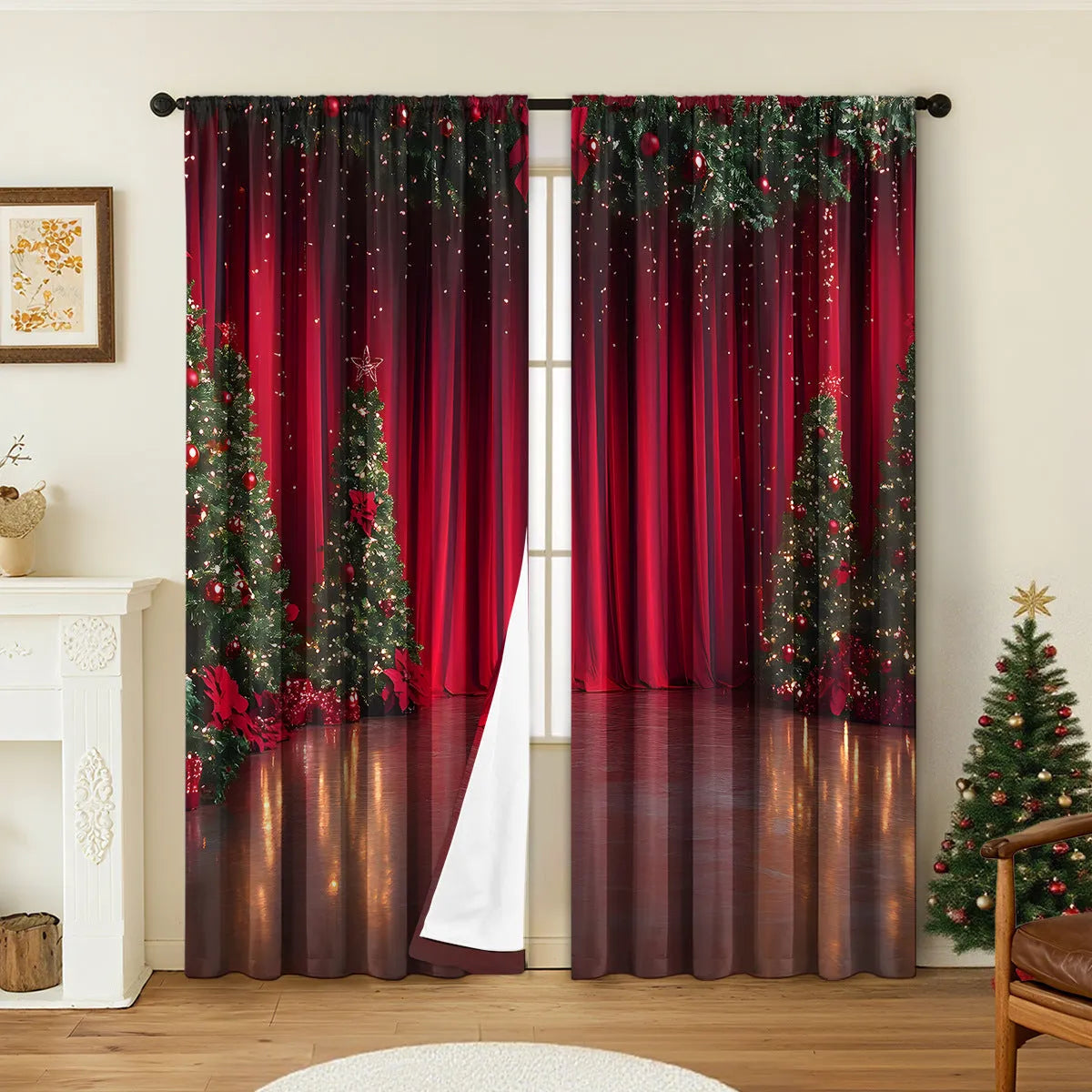 3D digitally printed Christmas curtains pair showing textured festive pattern on polyester fabric