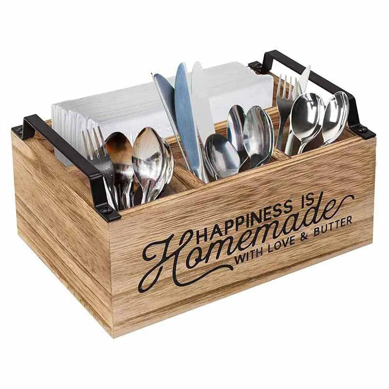 Wooden kitchen tableware storage box with grid dividers, dimensions 23x16.8x10cm, modern minimalist design