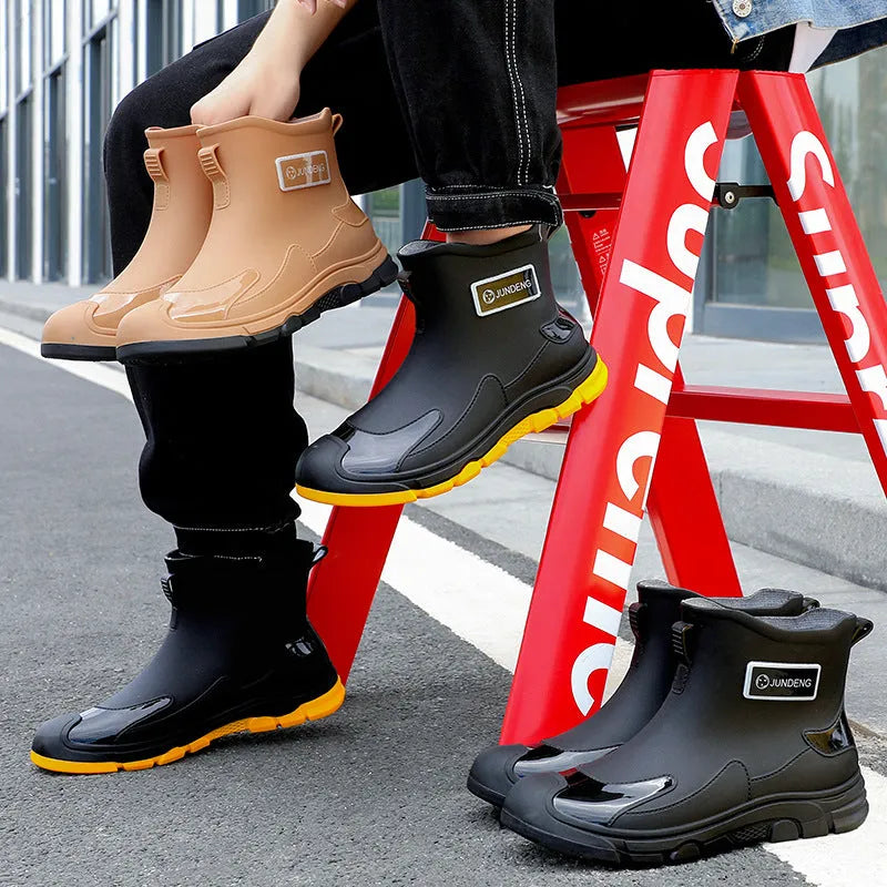 A pair of minimalist Korean-style PVC waterproof boots for adults with a non-slip sole.