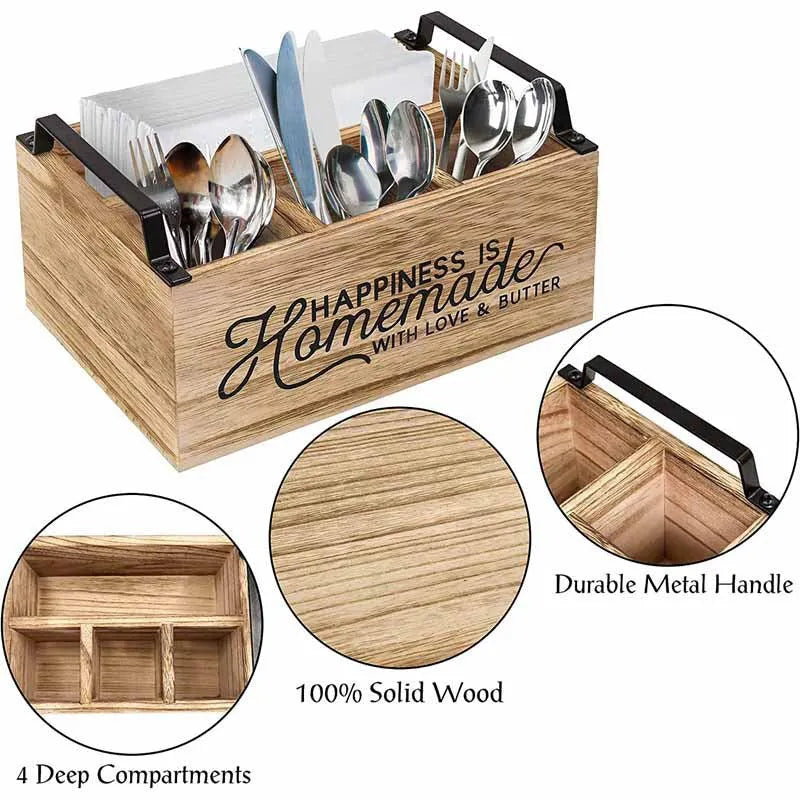 Wooden kitchen tableware storage box with grid dividers, dimensions 23x16.8x10cm, modern minimalist design