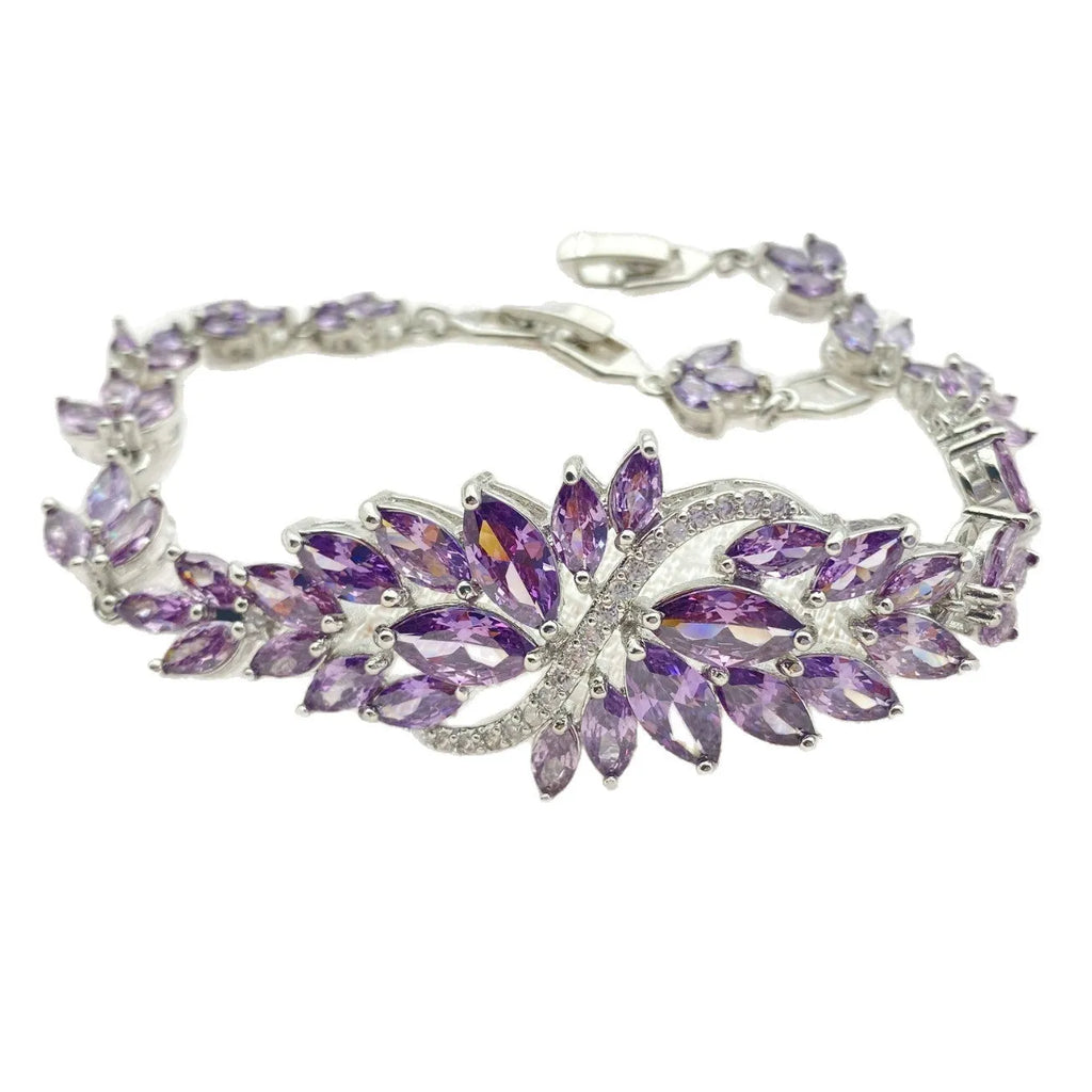 Gold electroplated copper bracelet with micro inlaid colour zircons and ice flowers pattern