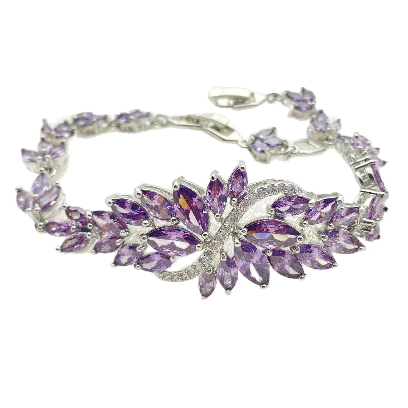 Gold electroplated copper bracelet with micro inlaid colour zircons and ice flowers pattern