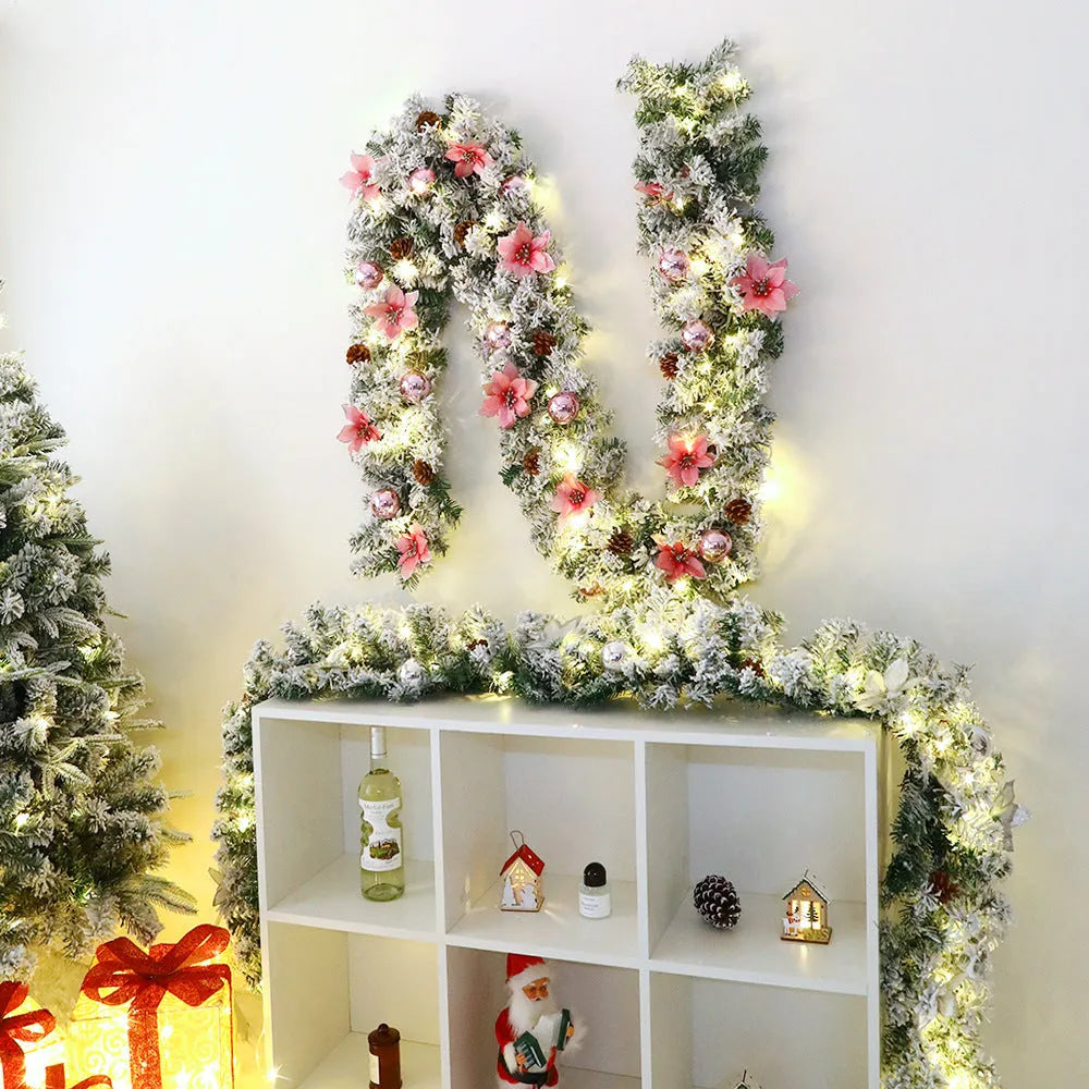 Christmas rattan garland with flocking decoration in golden colour, 240cm length, PVC material construction for festive display